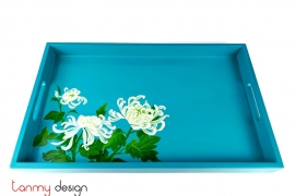Blue rectangular lacquer tray with hand-painted chrysanthemums 28*45cm